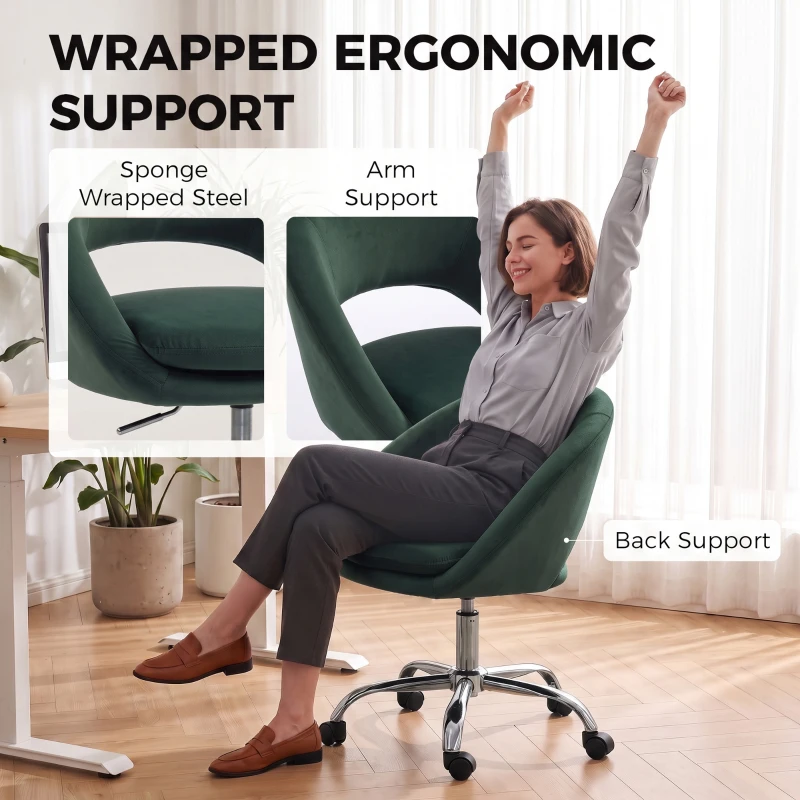 HOMCOM Velvet Desk Chair, Modern Office Chair with Height-Adjustable, Wheels, for Home Study Bedroom, Dark Green