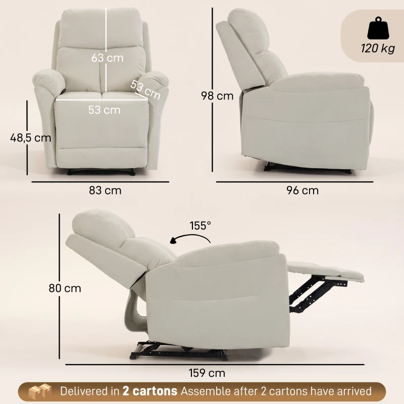 HOMCOM Poltrona Reclinável Manual Salva-Espaço com Apoio para Pés em Veludo Creme
