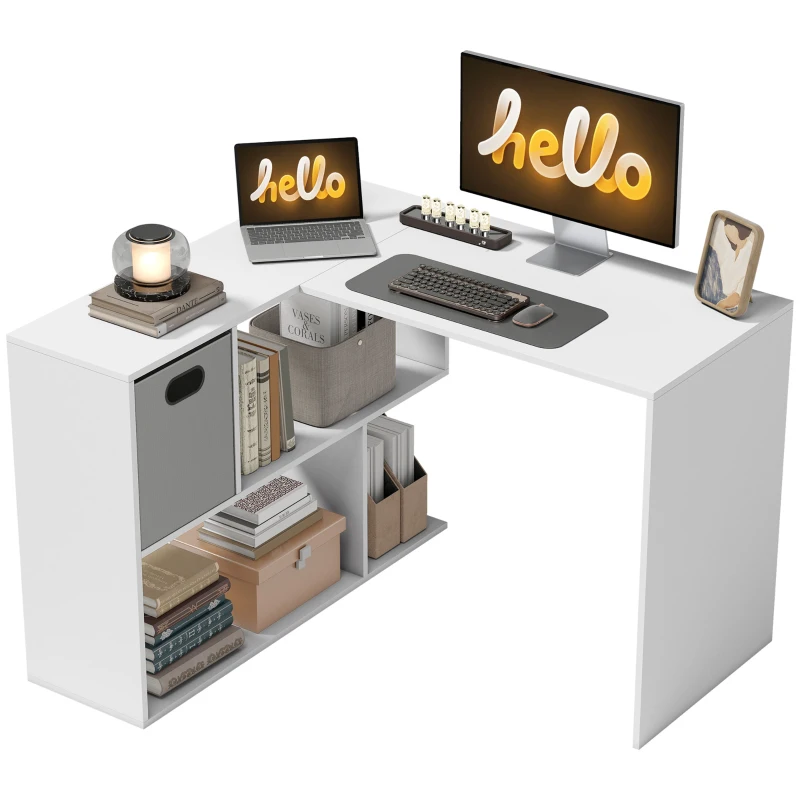HOMCOM Birou în Formă de L pentru Computer, 110x100 cm, Birou cu Raft și Sertar din Material Textil, Masă PC pentru Dormitor, Birou și Cameră de Studiu, Alb