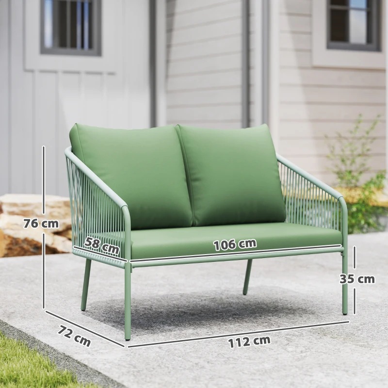 Outsunny Canapé de jardin 2 places en résine tressée avec coussins canapé d'extérieur accoudoirs cadre en acier 112x72x76cm vert