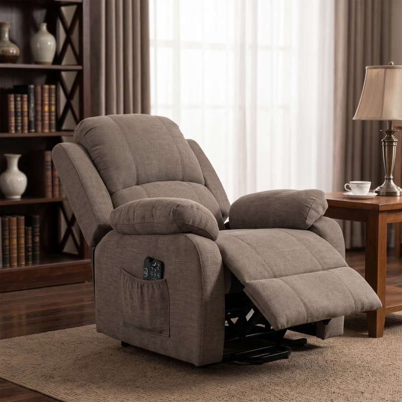 HOMCOM Sillón elevador eléctrico reclinable con masaje y calefacción en lino Marrón claro