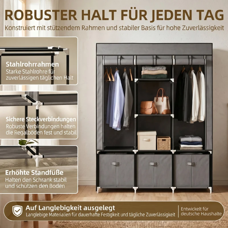 HOMCOM Stoffschrank aus Vlies, Faltschrank, inkl. 3 Schubladen, 125 cm x 43 cm x 162,5 cm, Grau