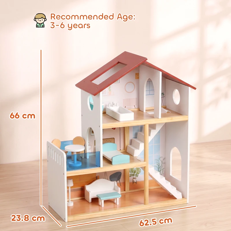 AIYAPLAY Kids Wooden Dolls House, 3-Story Dollhouse with 5 Rooms and 11 Accessories, Pretend Play Gift for Ages 3+, White