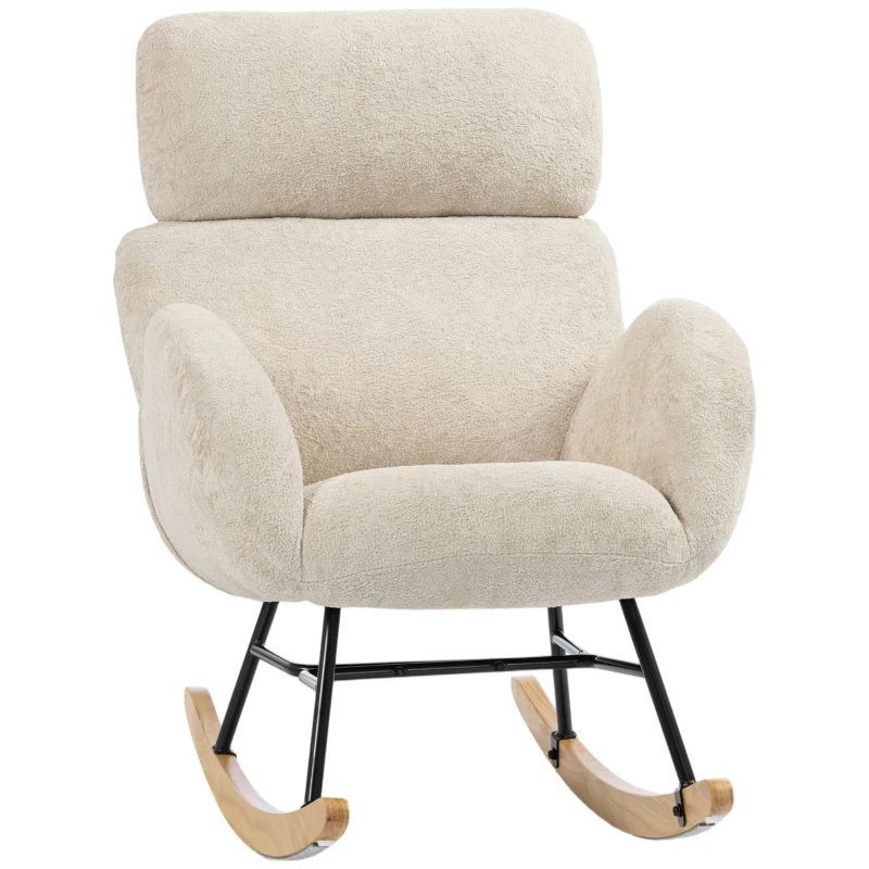 HOMCOM Fauteuil à bascule rembourré avec appui-tête réglable, velours à motif gouttes, structure en bois d'hévéa, Blanc crème