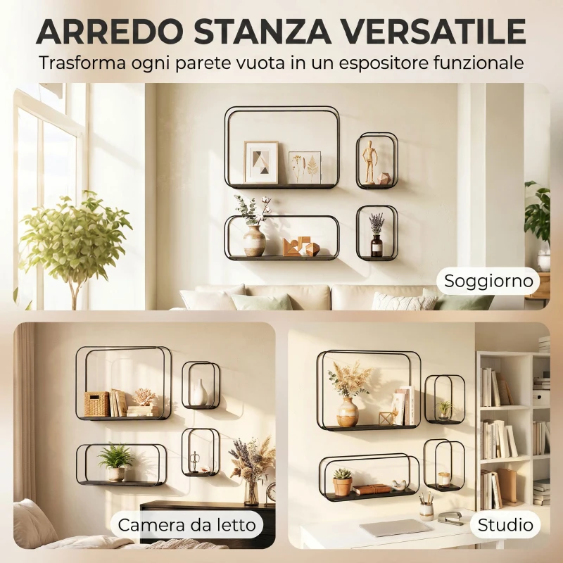 HOMCOM Mensole Flottanti Geometriche per Soggiorno, Set di 4 Pezzi, Nero