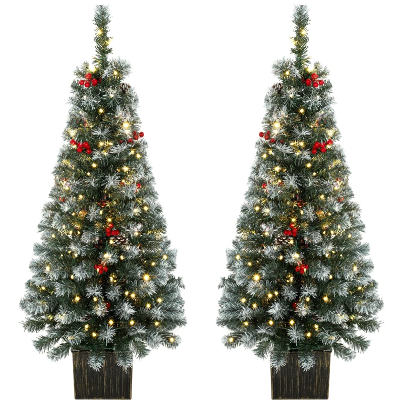 HOMCOM 4ft Pre-Lit Slim Artificial Christmas Tree Set of 2, with 100 Dual-Colour LED Lights, 140 Frosted Branch Tips