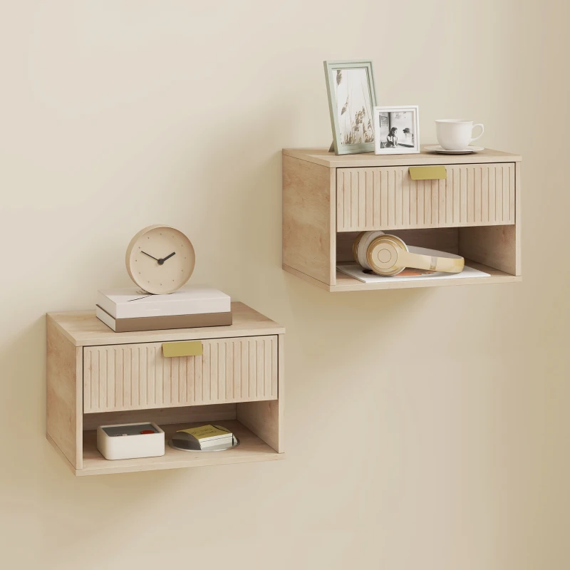 HOMCOM Set di 2 Comodini Sospesi con Cassetto Decorato e Mensola Aperta, Rovere
