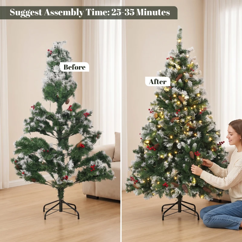 HOMCOM Sapin de Noël Artificiel Lumineux et Enneigé 150cm, Arbre de Noël, Télécommande, 11 Modes d'Éclairage, 210 LED, Vert
