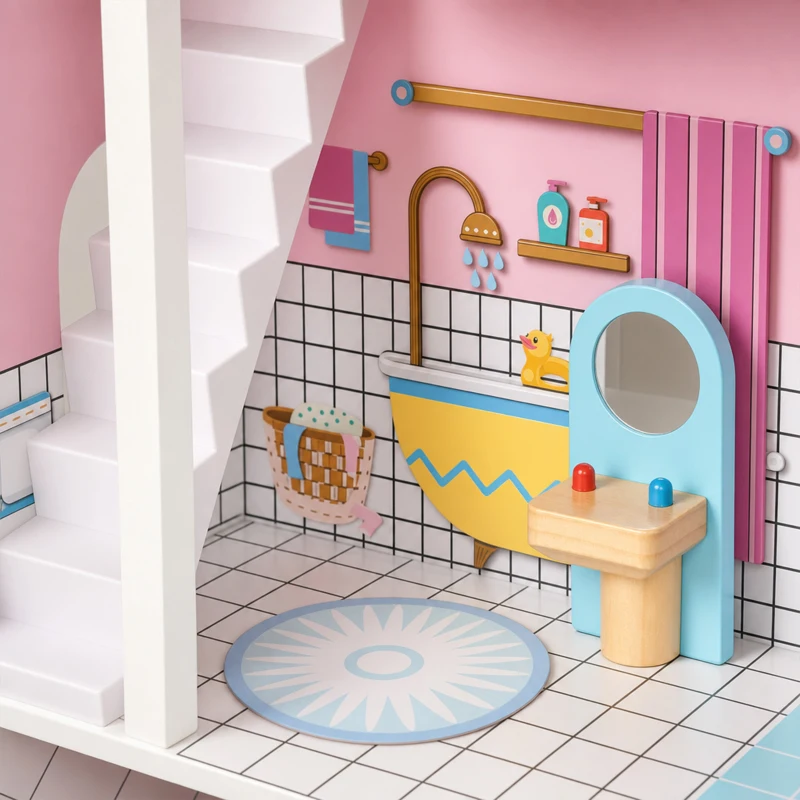 AIYAPLAY Wooden Dolls House, Large 3-Storey Modern Dollhouse with 10 Accessories, Pretend Play Toy Gift for Ages 3-6 Years, Pink