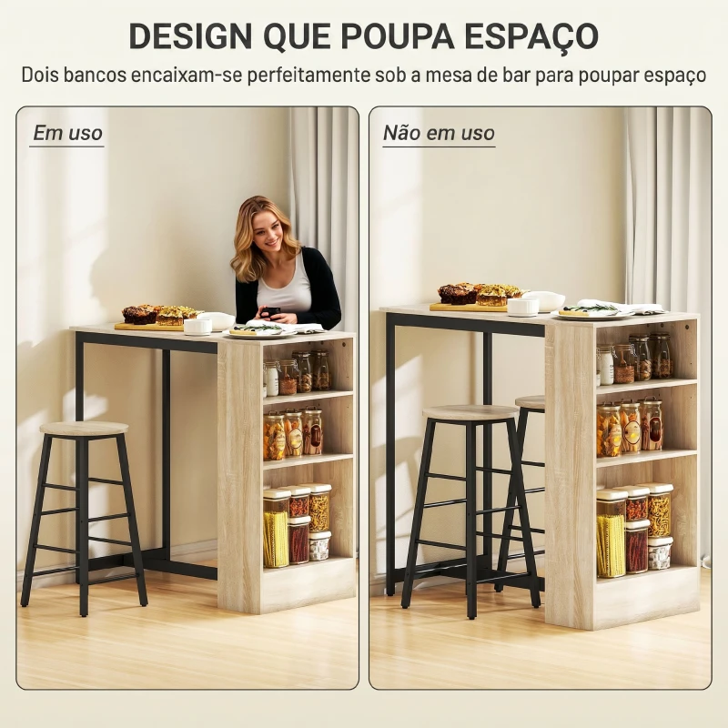 HOMCOM Conjunto Mesa Alta com 2 Bancos Apoios para os Pés 3 Compartimentos Prateleira Ajustável para Cozinha Carvalho
