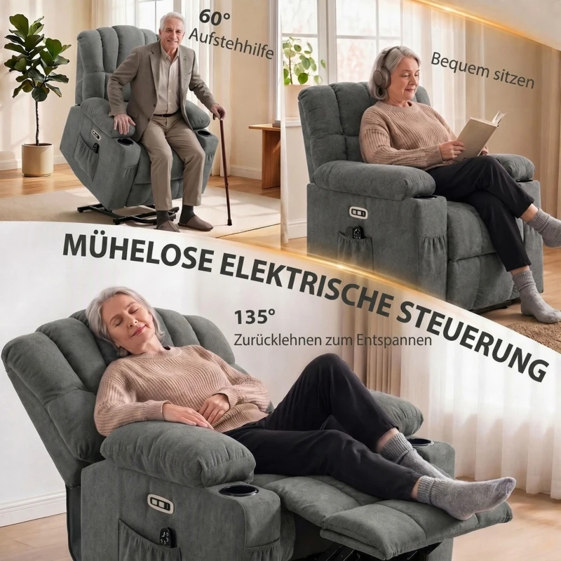 HOMCOM Elektrischer Aufstehsessel mit Massage & Wärme, Relaxsessel für Senioren, Taschenfederkern, Grau