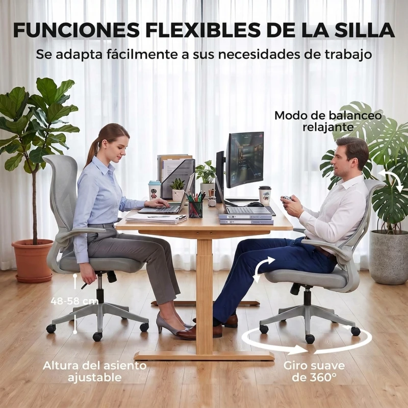 HOMCOM Silla de Escritorio Giratoria de Malla Reposabrazos Abatibles Respaldo Alto Función de Balanceo Altura Ajustable Gris