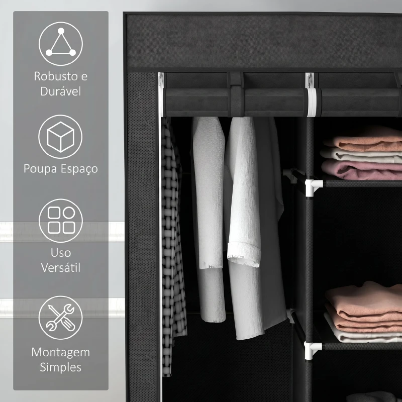 HOMCOM Roupeiro de Tecido com 2 Varões 5 Prateleiras 3 Gavetas Fecho de Correr Estrutura de Aço 125x43x162,5 cm Preto