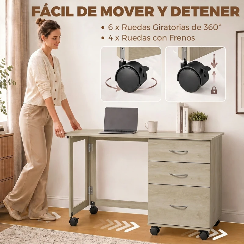 HOMCOM Escritorio Plegable con Ruedas con Freno 3 Cajones y Superficie Abatible Diseño Moderno 107x50x72 cm Roble