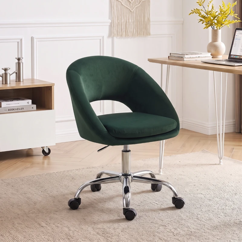 HOMCOM Velvet Desk Chair, Modern Office Chair with Height-Adjustable, Wheels, for Home Study Bedroom, Dark Green