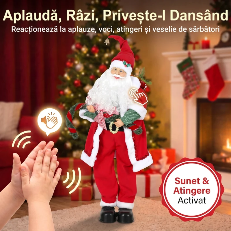 HOMCOM Moș Crăciun Animat Muzical, Cântă și Dansează, 120 cm, Roșu