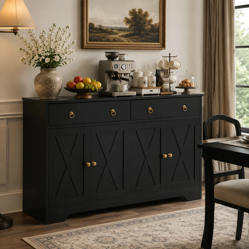 HOMCOM Aparador mueble de almacenamiento armario de cocina estilo rústico 2 cajones y 2 armarios estantes regulables negro