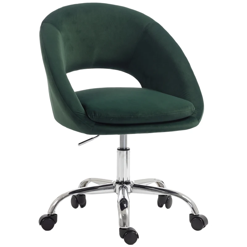 HOMCOM Velvet Desk Chair, Modern Office Chair with Height-Adjustable, Wheels, for Home Study Bedroom, Dark Green