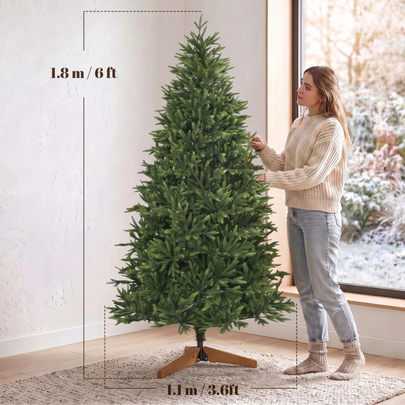 HOMCOM Brad artificial de Crăciun 180 cm, aspect realist și bogat, 732 ramuri din PE ignifug, bază pliabilă din lemn, verde