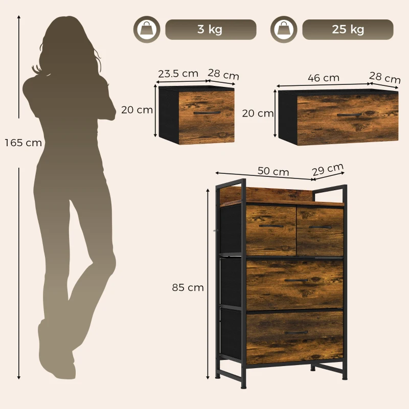 HOMCOM Rustic Chest of Four Fabric Drawers - Rustic Brown