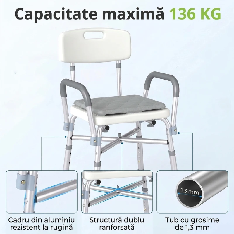 HOMCOM Scaun de duș reglabil pe înălțime, cu brațe și pernă detașabilă, 53.5x52x80-90 cm, alb