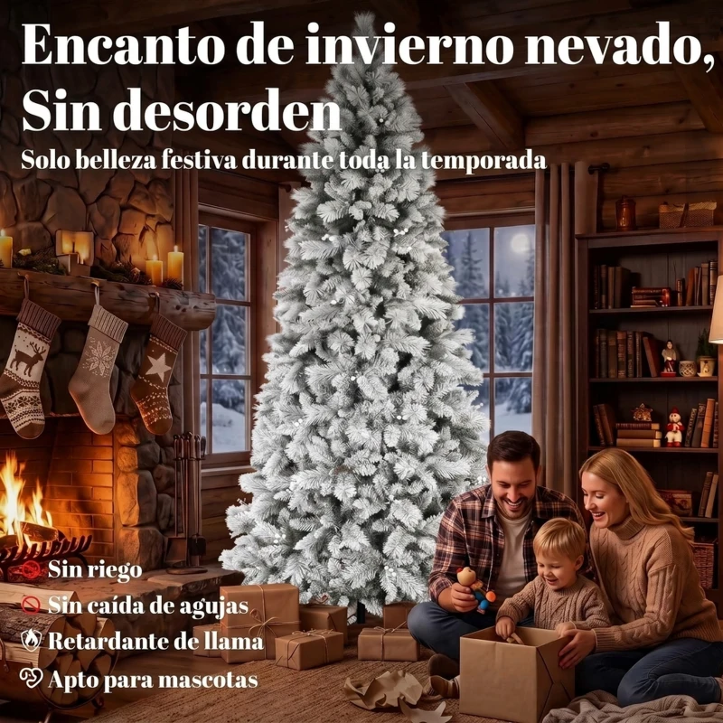 HOMCOM Árbol de Navidad Artificial 270 cm con 1507 Ramas Base Metálica Plegable Montaje Rápido para Salón Interior Blanco