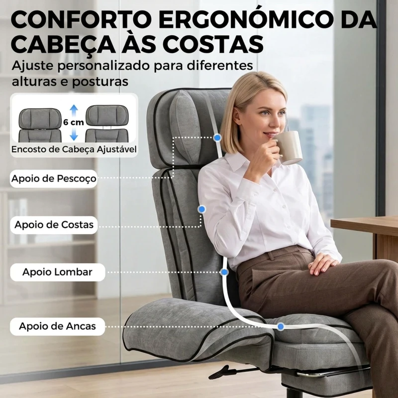 HOMCOM Cadeira de Escritório com Apoio para os Pés, Apoios de Braços Rebatíveis, Encosto Alto Reclinável 145° e Apoio de Cabeça Ajustável, Cinzento