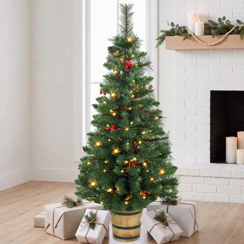 HOMCOM Kunstkerstboom 120 cm met 100 leds, 131 takpunten, bessen, 2 lichtkleuren en afstandsbediening