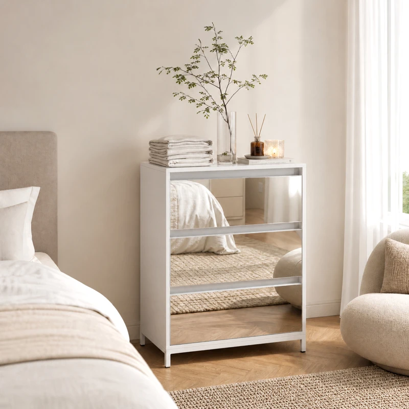 HOMCOM Cômoda Espelhada Moderna com 3 Gavetas, 60x35x80 cm, Branca