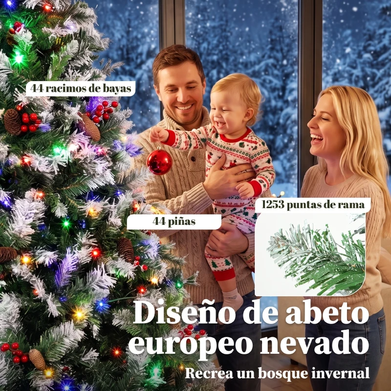 HOMCOM Árbol de Navidad Nevado 210 cm con 400 LED 11 Modos Mando a Distancia 1253 Puntas 44 Piñas y 44 Bayas Verde