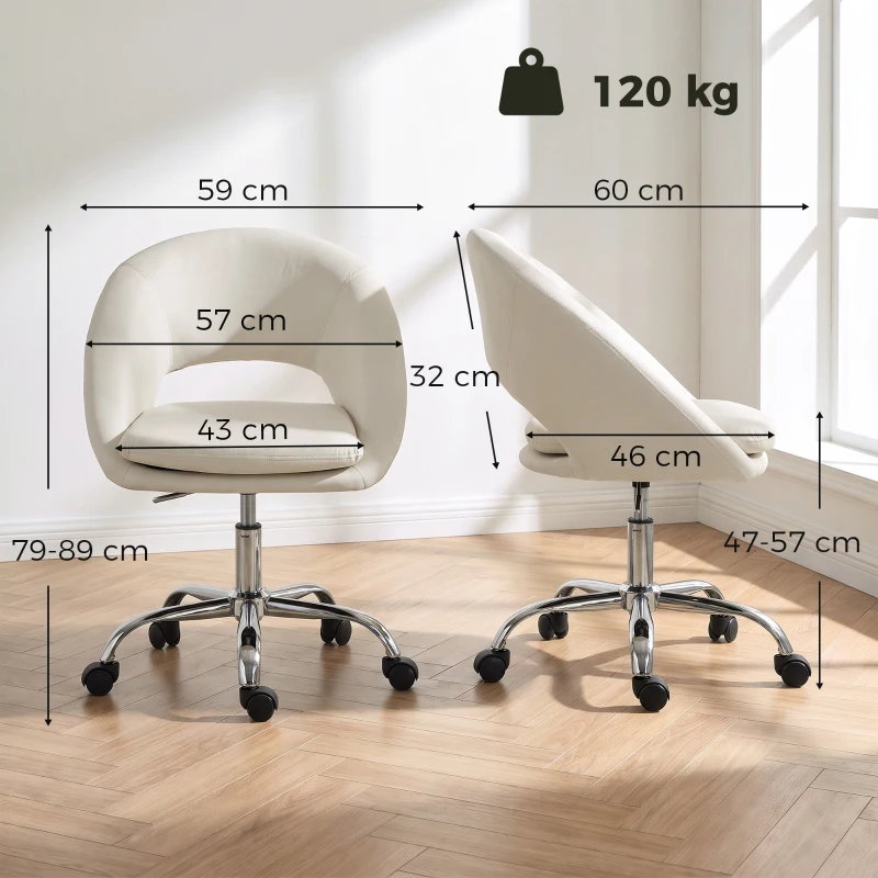 HOMCOM Velvet Desk Chair, Modern Office Chair with Height-Adjustable, Wheels, for Home Study Bedroom, Cream