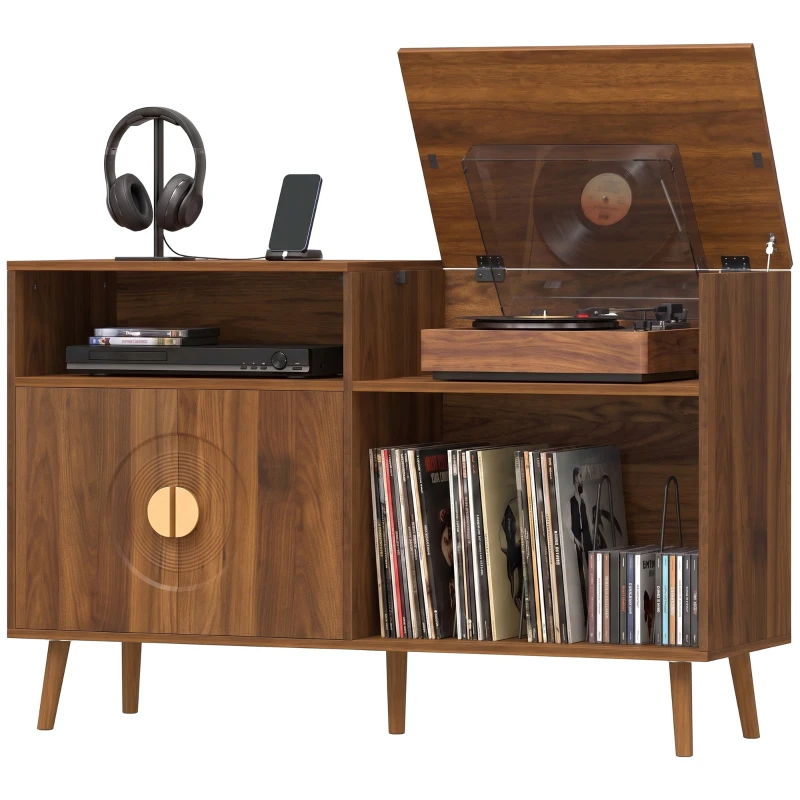 HOMCOM Record Player Stand, Vinyl Record Holder with Storage Holds Up to 300 Albums with Flip-Top Compartment, Walnut