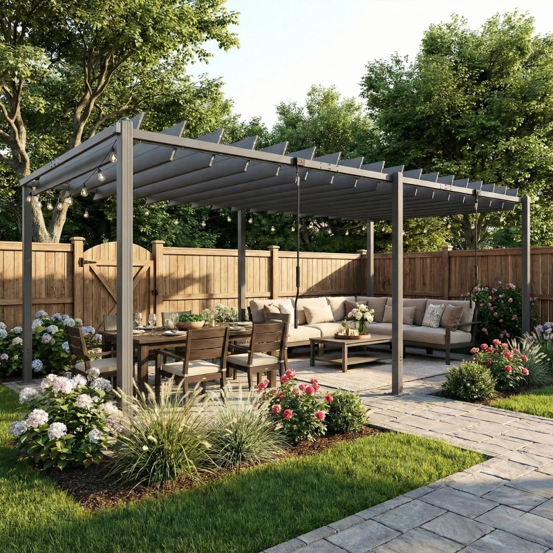 Outsunny Pergola Tonnelle de Jardin avec Toit à Lames Orientables 0-90° Grande Capacité 11 Personnes UV50+ 572x298x220cm Gris