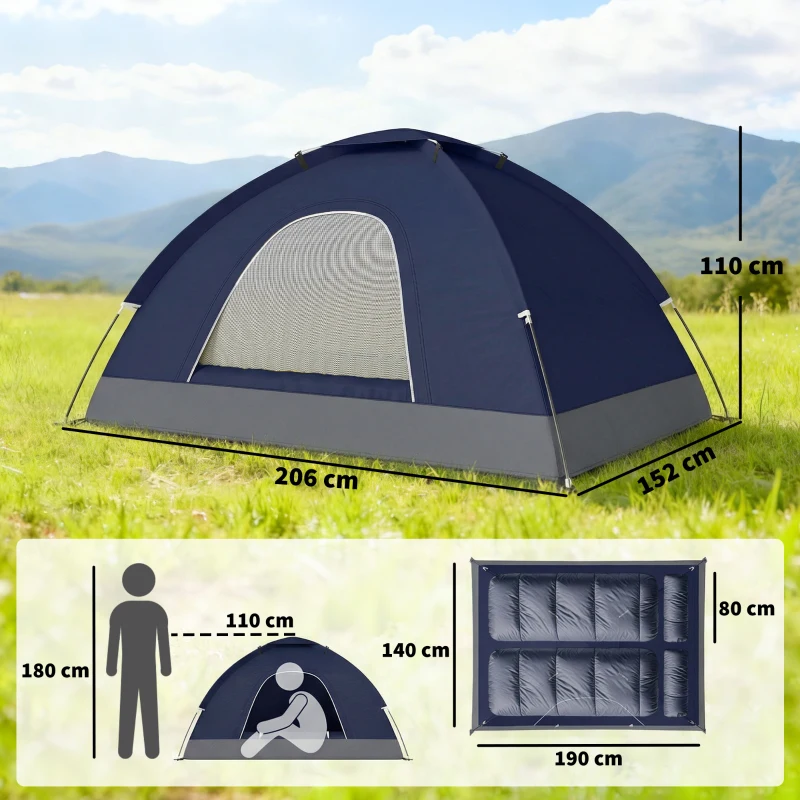 Outsunny 2 Person Camping Tent, Dome Tent with Zipped Doors, Storage Pocket, Portable Handy Bag, Navy Blue