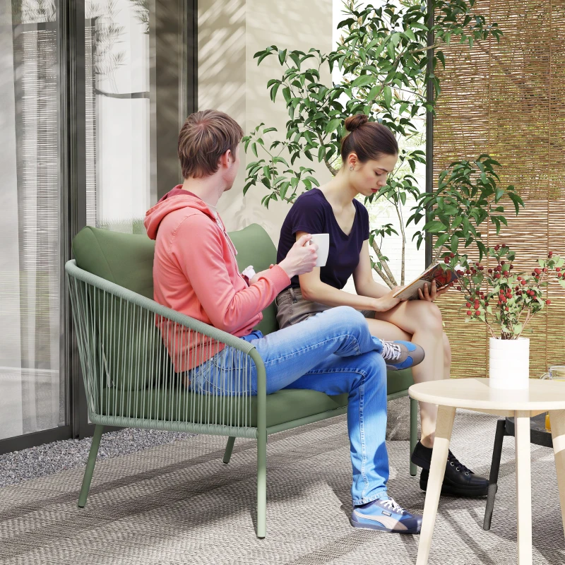 Outsunny Canapé de jardin 2 places en résine tressée avec coussins canapé d'extérieur accoudoirs cadre en acier 112x72x76cm vert