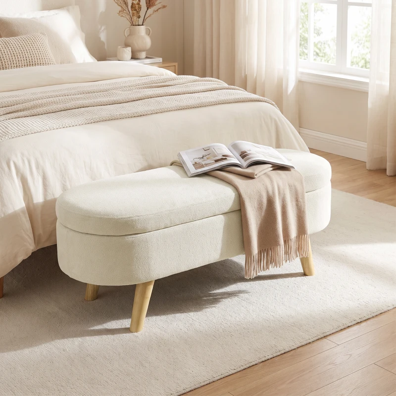HOMCOM Banc Banquette, Bout de Lit, Coffre de Rangement 2 en 1 en Tissu avec Pieds en Bois, 110L x 40P x 43H cm, Crème