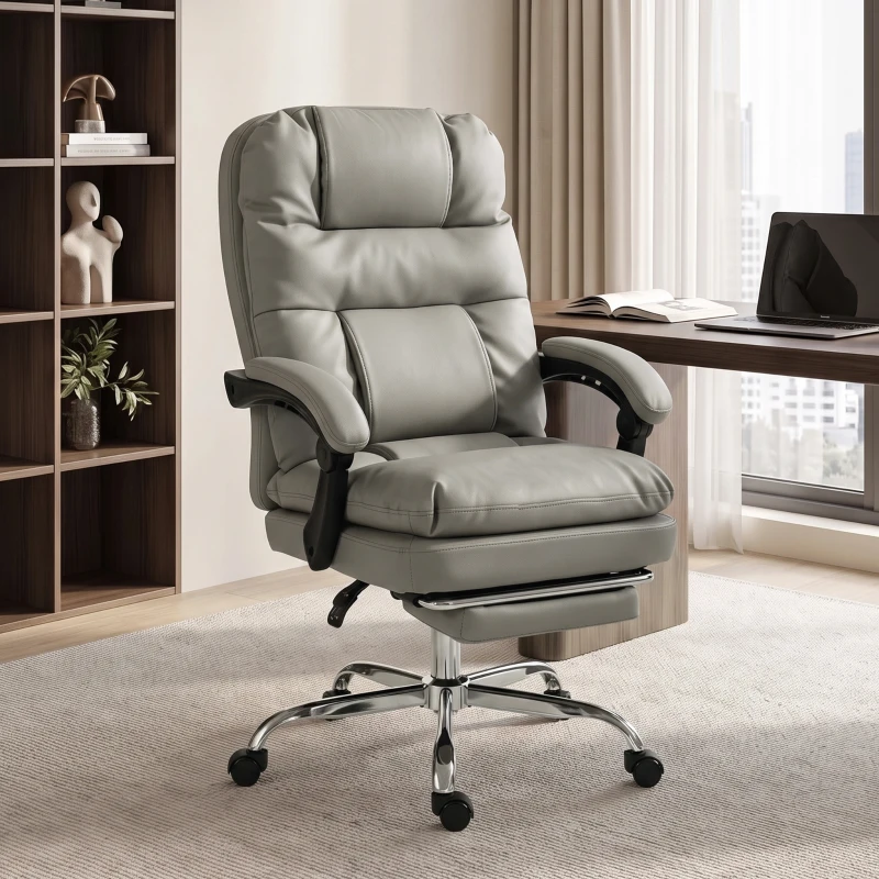 HOMCOM Cadeira de Escritório Ergonómica em PU com Molas Ensacadas, Reclinável 155°, Encosto Alto, Apoio de Cabeça, Cinzento-Claro