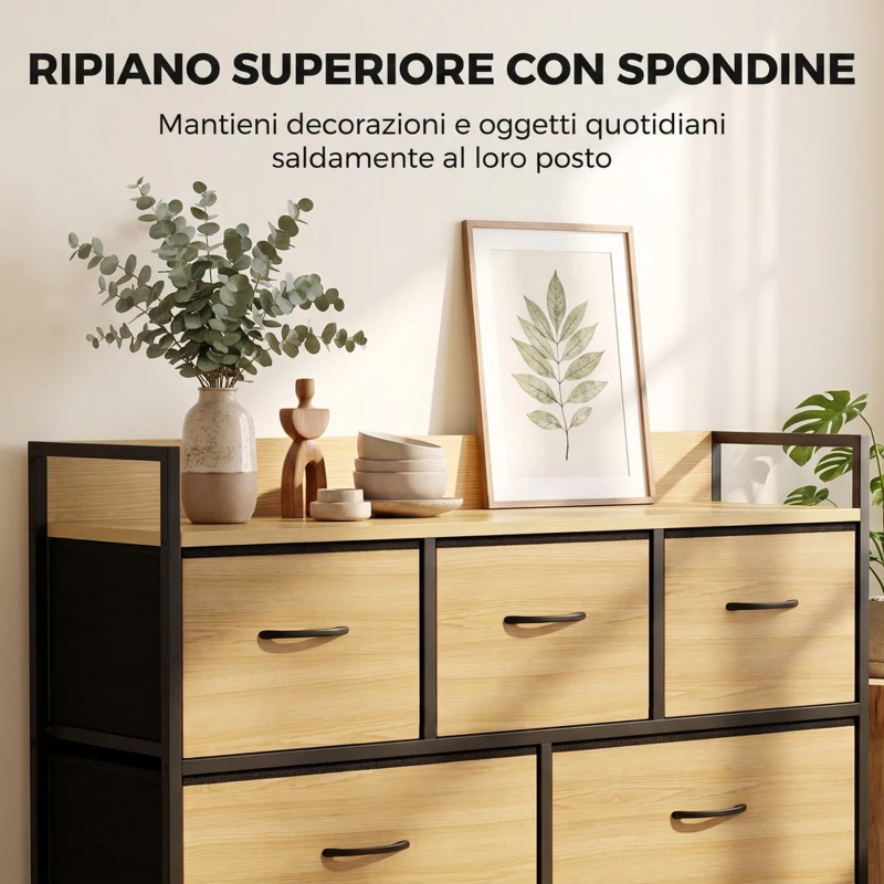 HOMCOM Cassettiera in Tessuto con 5 Cassetti e Ripiano, Struttura in Acciaio per Camera da Letto e Soggiorno, Rovere