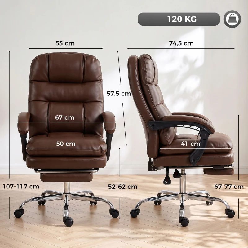 HOMCOM Silla de Oficina Ergonómica con Reposapiés de PU Muelles Ensacados Reclinable 155° Respaldo Alto Reposacabezas Marrón