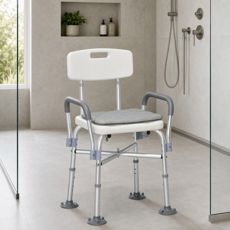 HOMCOM Tabouret de Douche Réglable en Hauteur à 5 Niveaux, Chaise de Douche, Accoudoirs Rembourrés et Coussin Amovible, Gris