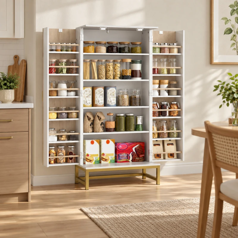 HOMCOM 119.5 cm Kitchen Cupboard, Freestanding Kitchen Cabinet with Double Doors, 5 Tiers, 12 Spice Racks, White