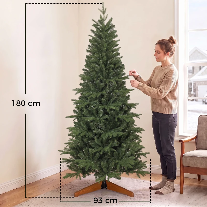 HOMCOM Sapin de Noël Artificiel 180 cm, Arbre de Noël, 1162 Branches Articulées en PE et PVC Ignifuge, Support en Bois Pliable