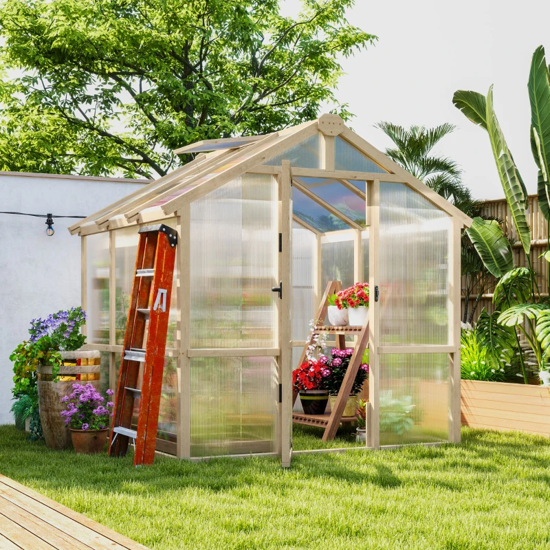 Outsunny 6.6 x 6ft Polycarbonate Greenhouse, Walk-in Wooden Greenhouse with Lockable Door and Window, Garden Plants Grow House, Brown