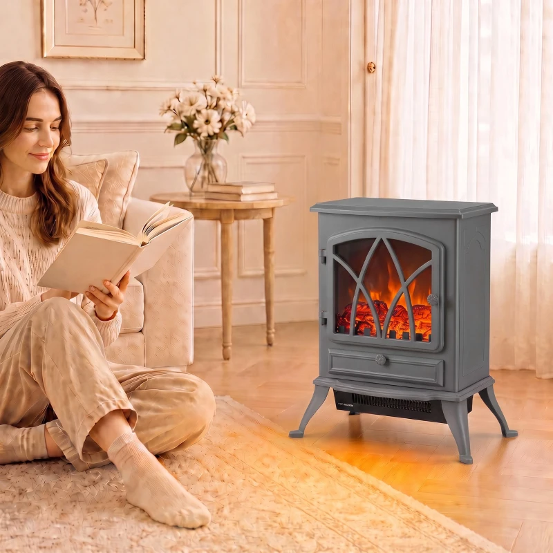 HOMCOM 1kW-2kW Vintage Electric Fireplace Heater - Grey