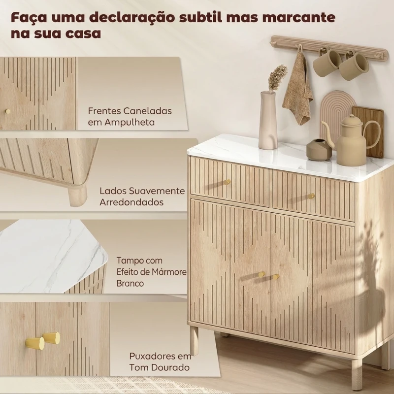 HOMCOM Aparador com 2 Portas e 2 Gavetas, Aparador Moderno para Sala com Prateleira Ajustável e Tampo Efeito Mármore, 77x30x80 cm, Carvalho