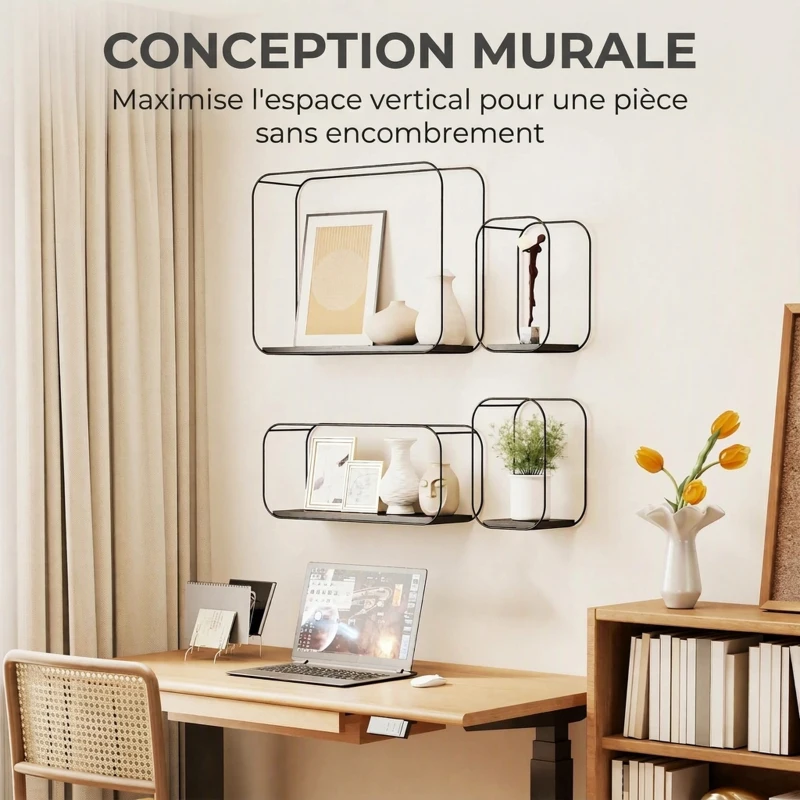HOMCOM Lot de 4 étagères murales industrielles, étagères flottantes géométriques en métal, pour salon, chambre et bureau, noir