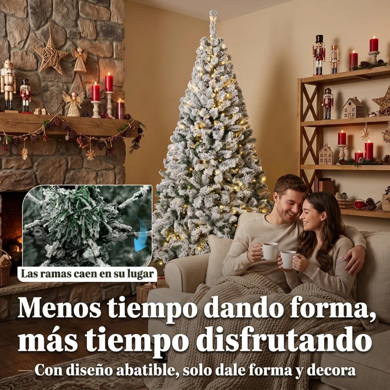 HOMCOM Árbol de Navidad Nevado con 240 Luces LED Blanco Cálido 200 cm 850 Ramas Ignífugas Abatibles Base Metálica Plegable