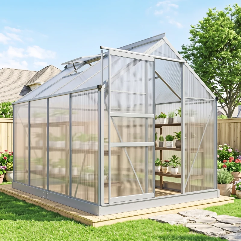 Outsunny 190 x 253 cm Walk-In Polycarbonate Greenhouse - Silver-Tone