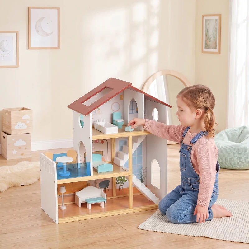 AIYAPLAY Kids Wooden Dolls House, 3-Story Dollhouse with 5 Rooms and 11 Accessories, Pretend Play Gift for Ages 3+, White
