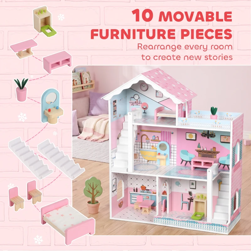 AIYAPLAY Wooden Dolls House, Large 3-Storey Modern Dollhouse with 10 Accessories, Pretend Play Toy Gift for Ages 3-6 Years, Pink